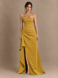 Black and White Strapless Ruched Prom Dress with High Slit & Side Drape