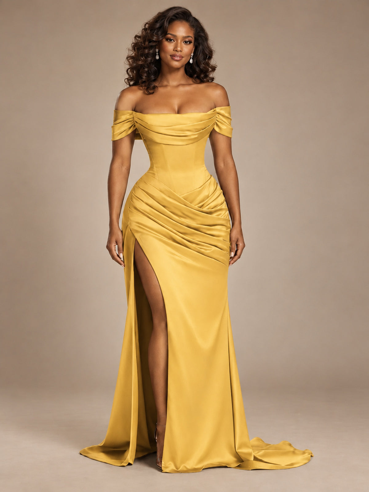 Burgundy Off-the-Shoulder Satin Corset Prom Dress with Slit