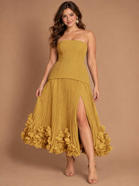 Navy Blue Strapless Pleated A-Line Midi Dress with 3D Floral Applique
