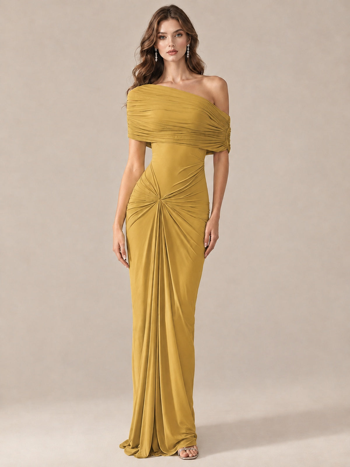 Elegant Draped Off Shoulder Ruched Mermaid Chiffon Formal Evening Gown