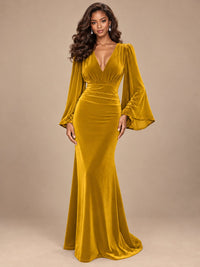 Burgundy Velvet Deep V-Neck Ruched Long Sleeve Maxi Dress