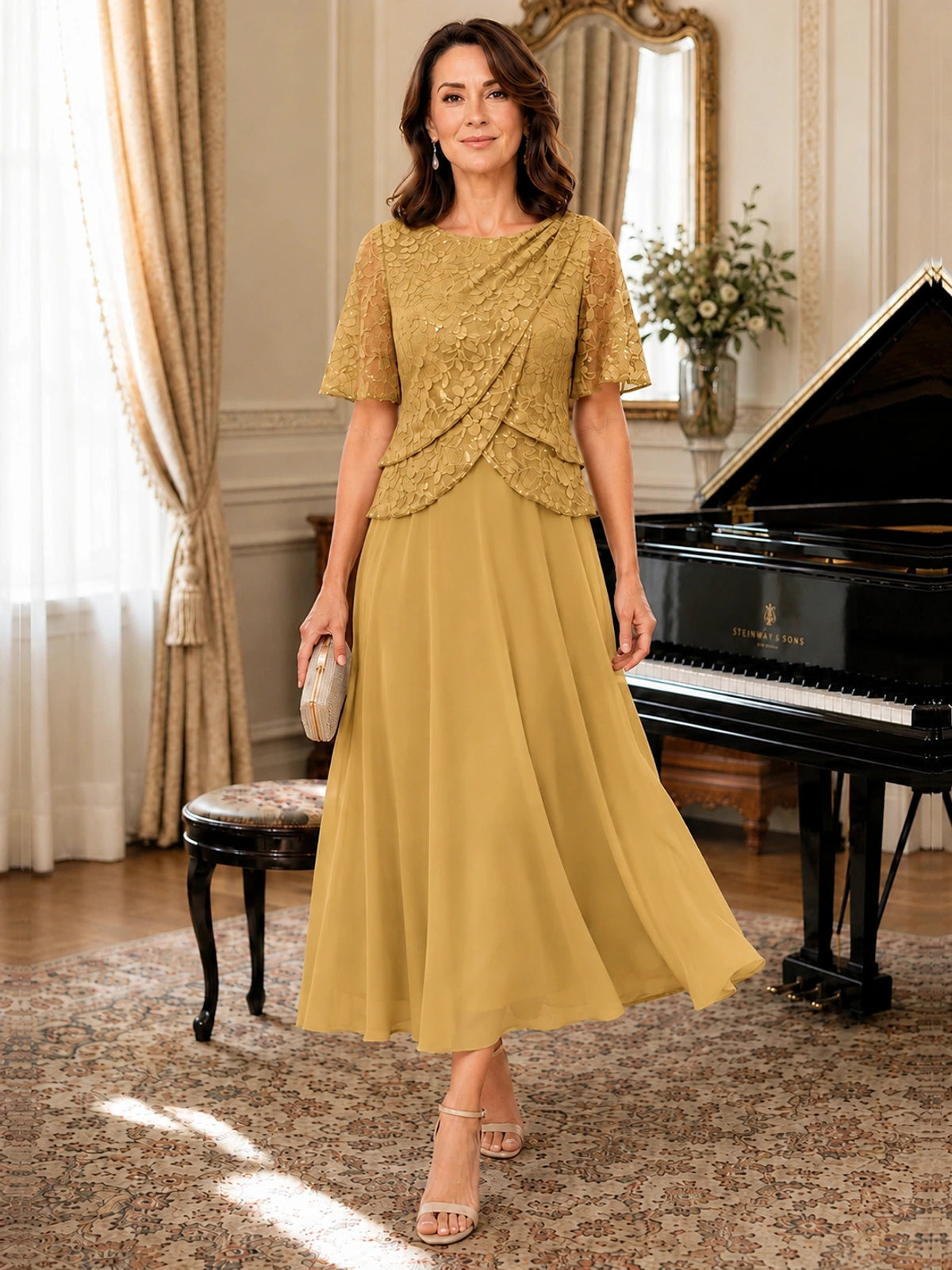 Tea-Length Chiffon Mother of the Bride Dress with Sequin Lace Sleeves