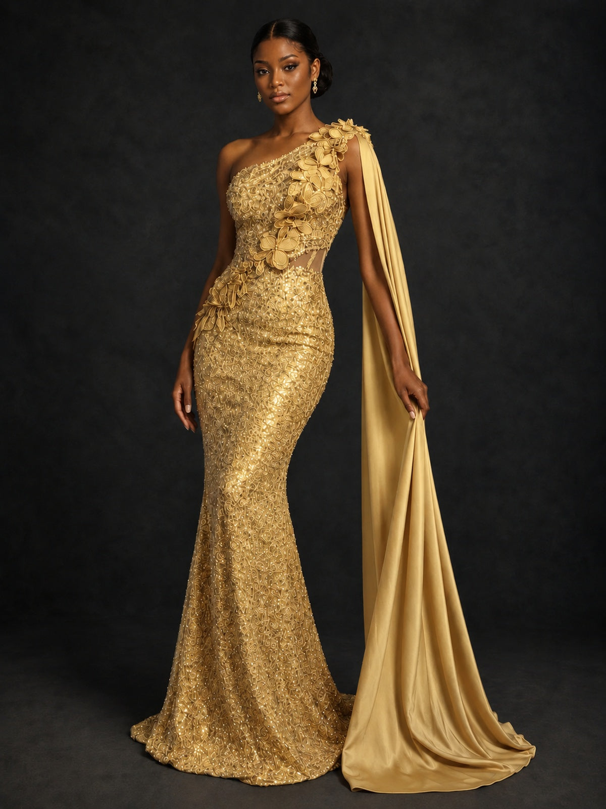 Gold Sequin One Shoulder Mermaid Prom Dress with Cape