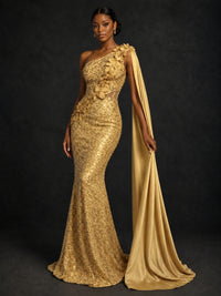 Gold Sequin One Shoulder Mermaid Prom Dress with Cape