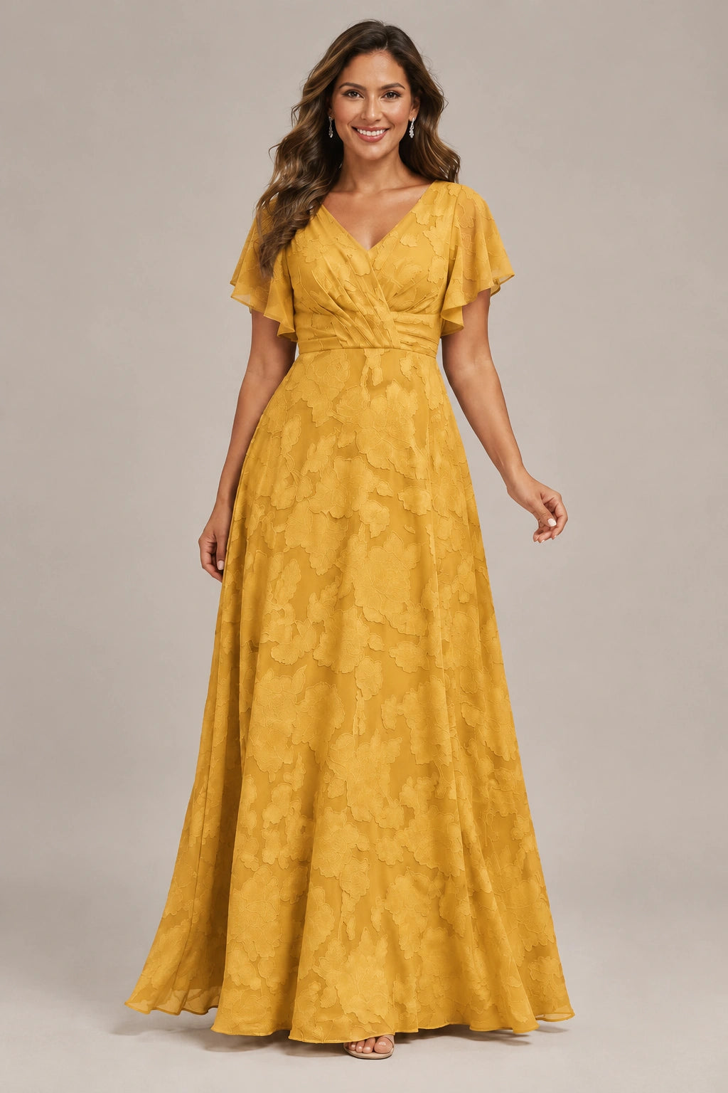 Jovellee Floral Chiffon A-Line Mother of the Bride Dress with Flutter Sleeves
