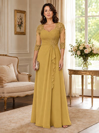 Chiffon Lace Applique Mother of the Bride Dress with 3/4 Sleeves