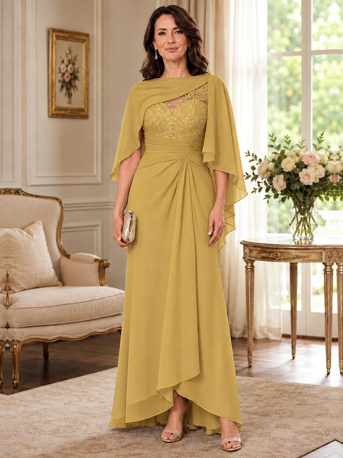 Elegant Chiffon Mother of the Bride Dress with Lace Applique and Cape Sleeves