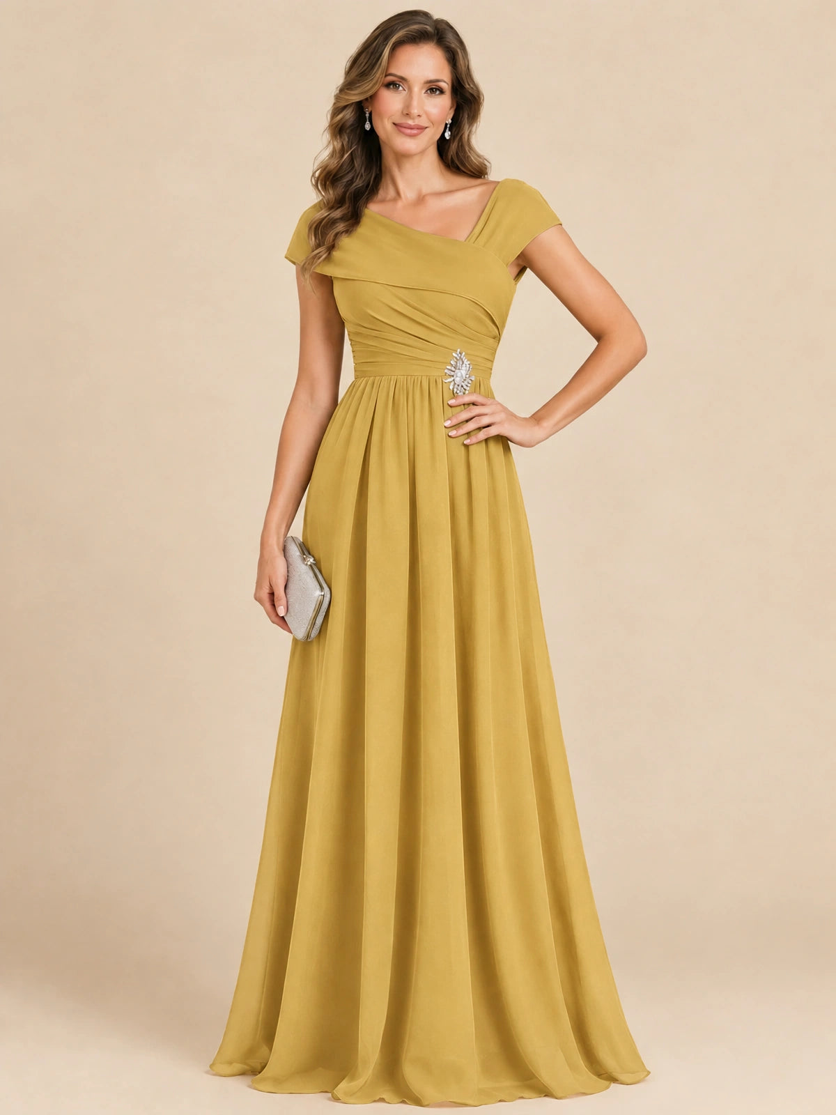Cap Sleeve Mother of The Bride Dresses Long Chiffon Formal Gowns