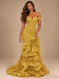Dusty Blue Off-the-Shoulder Mermaid Prom Dress with 3D Rose & Ruffles