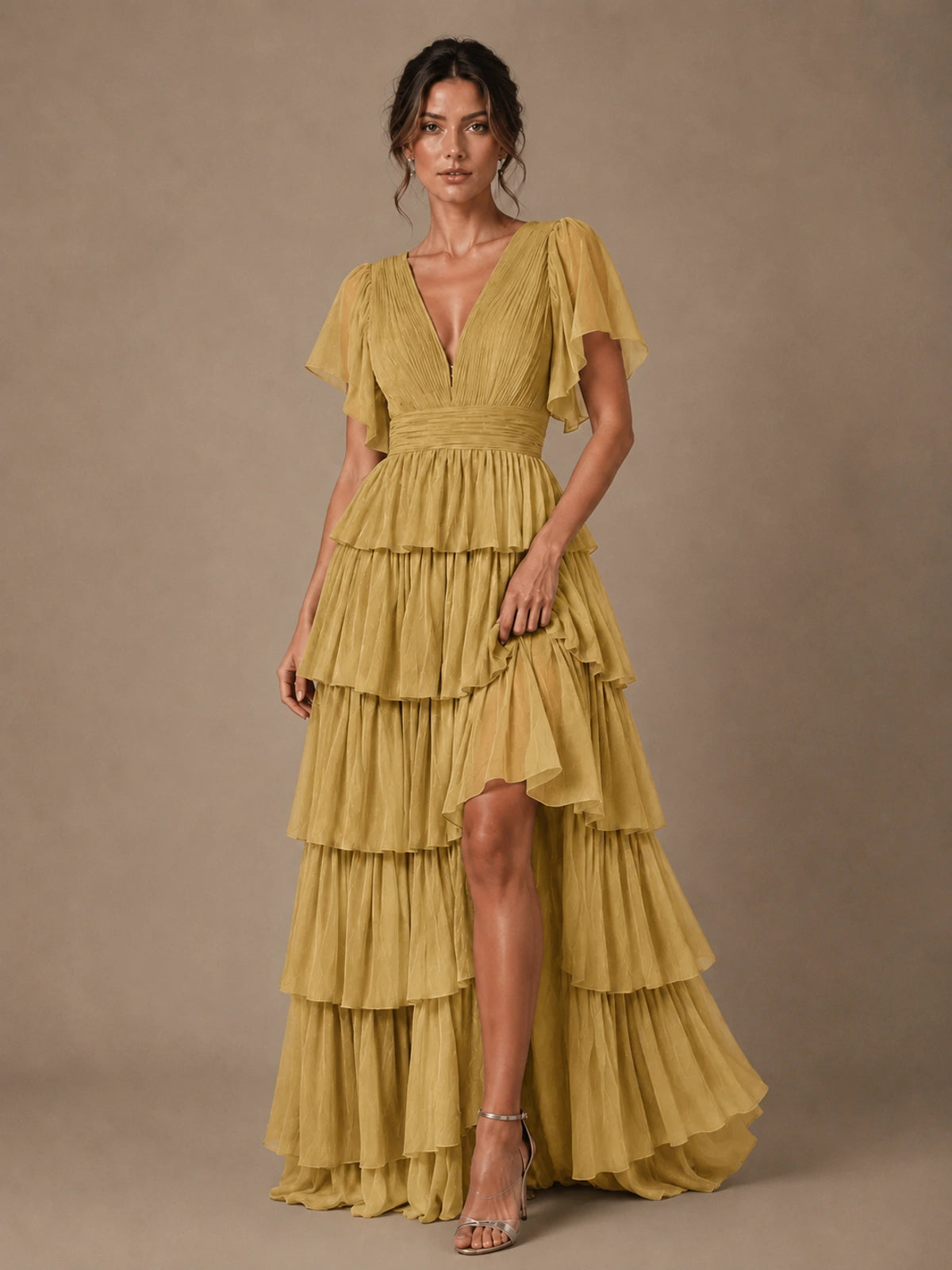 Chiffon V-Neck Tiered Ruffle Bridesmaid Dress with Slit