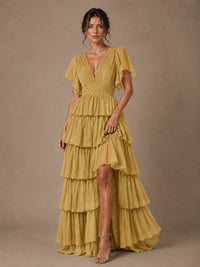 Chiffon V-Neck Tiered Ruffle Bridesmaid Dress with Slit