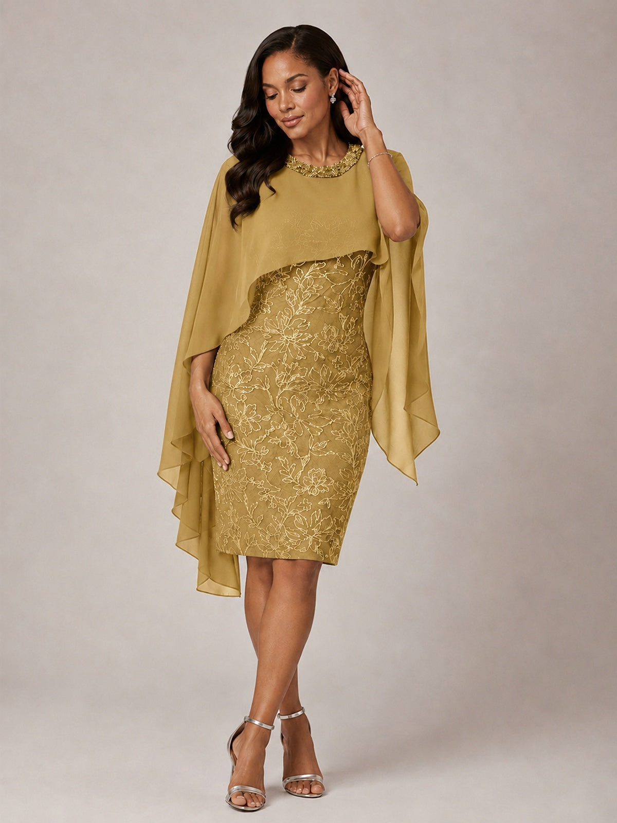 Floral Sheath Mother of the Bride Dress with Cape Overlay