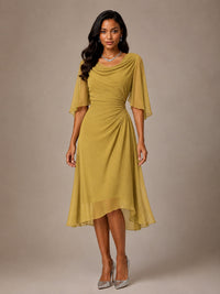 Cowl Neck Ruched Chiffon Mother of the Bride Dresses with Flutter Sleeves