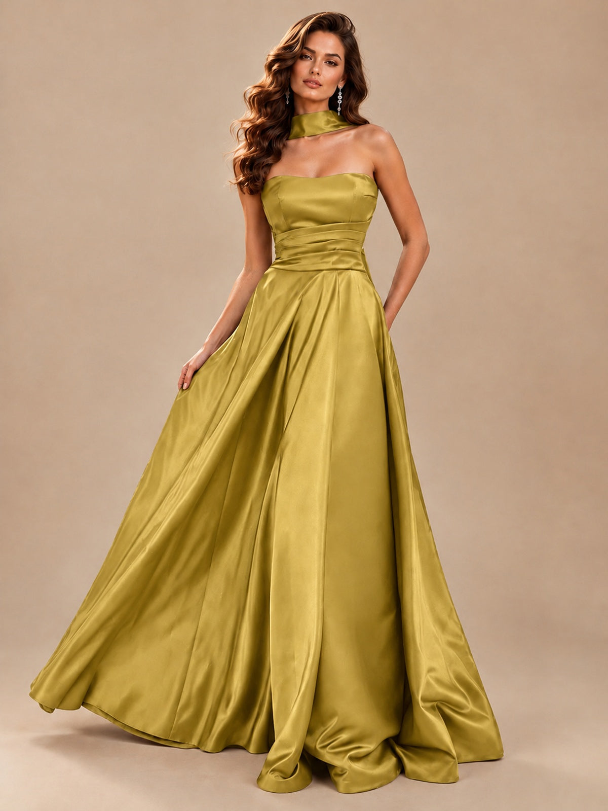 Strapless Prom Dress Side High Slit A-line Formal Dress with Scarf