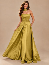 Strapless Prom Dress Side High Slit A-line Formal Dress with Scarf