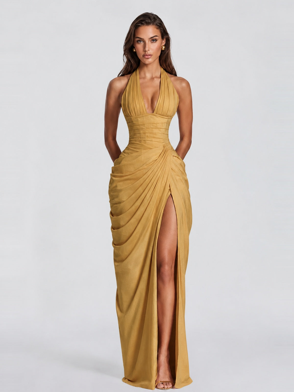 Ruched Halter Neck High-Slit Prom & Evening Dress