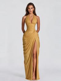 Ruched Halter Neck High-Slit Prom & Evening Dress