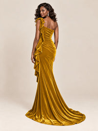 Black Velvet One-Shoulder Mermaid Evening Gown with Bow & Ruffles