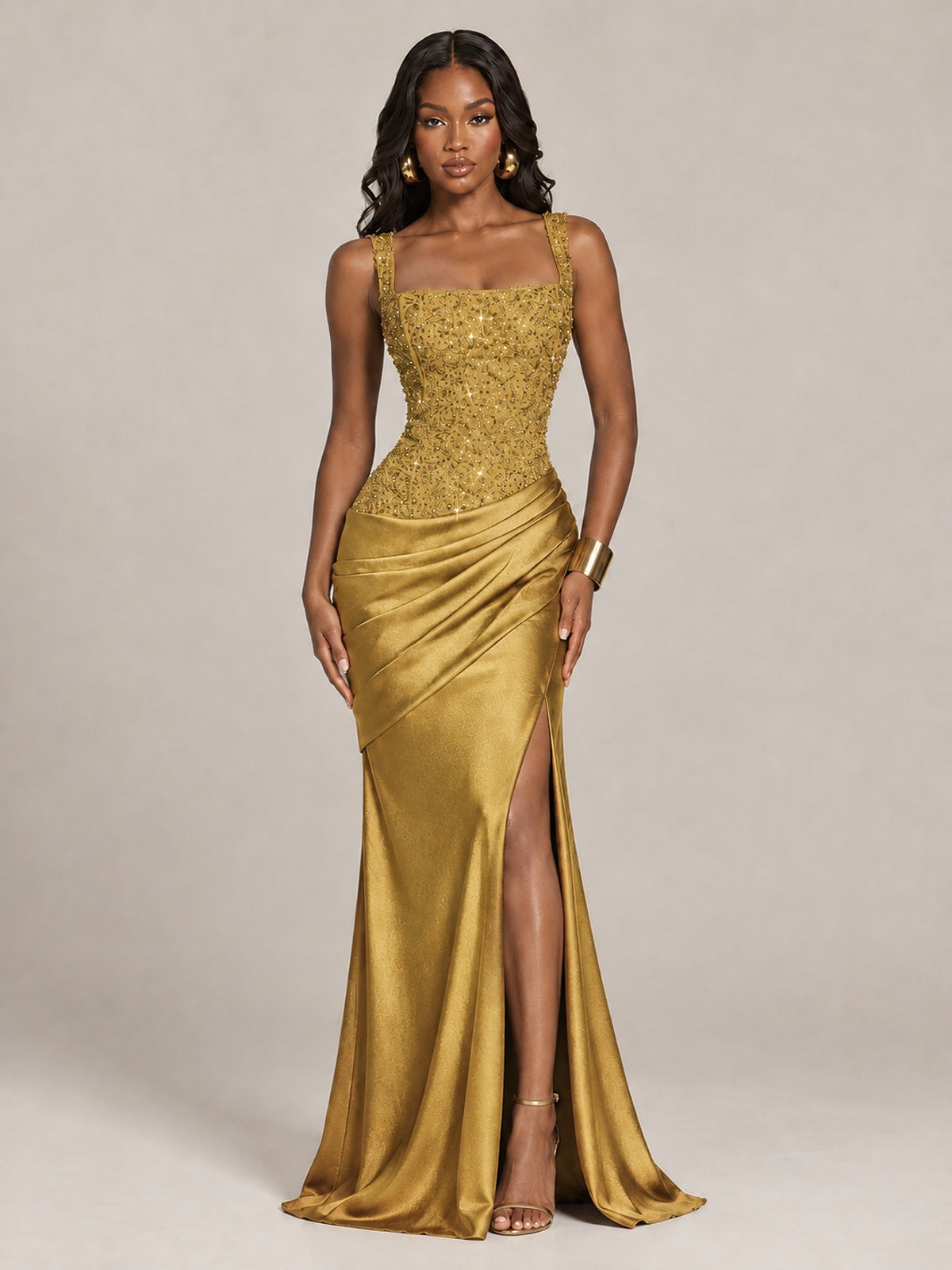 Scoop Neck Sequin Prom Dress with High Slit Satin Formal Gowns
