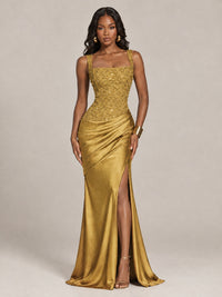 Scoop Neck Sequin Prom Dress with High Slit Satin Formal Gowns