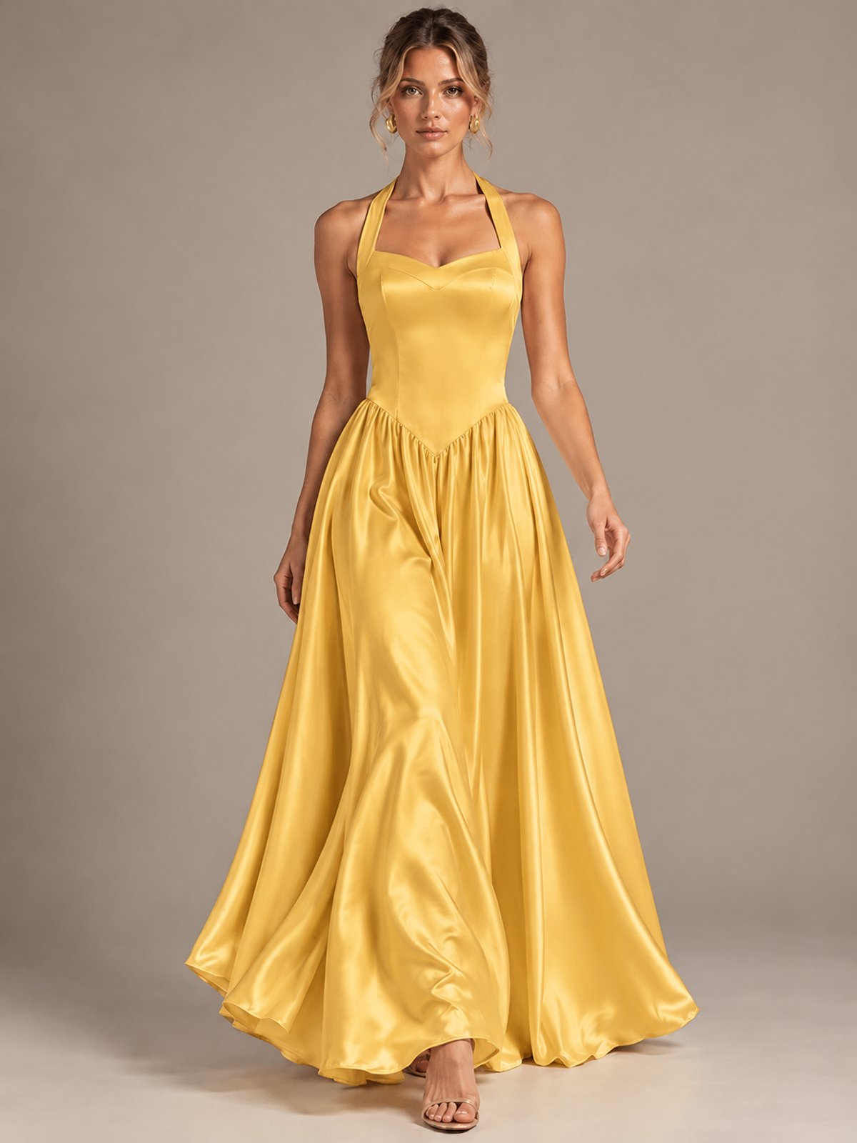 Light Yellow Halter Neck Satin A-Line Maxi Dress with Pockets