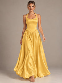 Light Yellow Halter Neck Satin A-Line Maxi Dress with Pockets