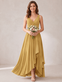 V-Neck High-Low Chiffon Bridesmaid Dress with Ruffles