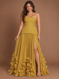 Strapless Pleated Floral Satin Formal Dress with Side Slit