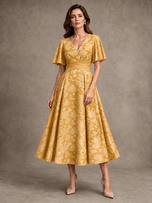 V-Neck Floral Jacquard Tea-Length Mother of the Bride Dress