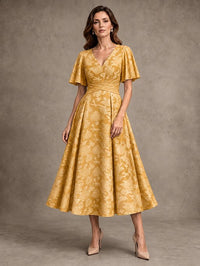 V-Neck Floral Jacquard Tea-Length Mother of the Bride Dress