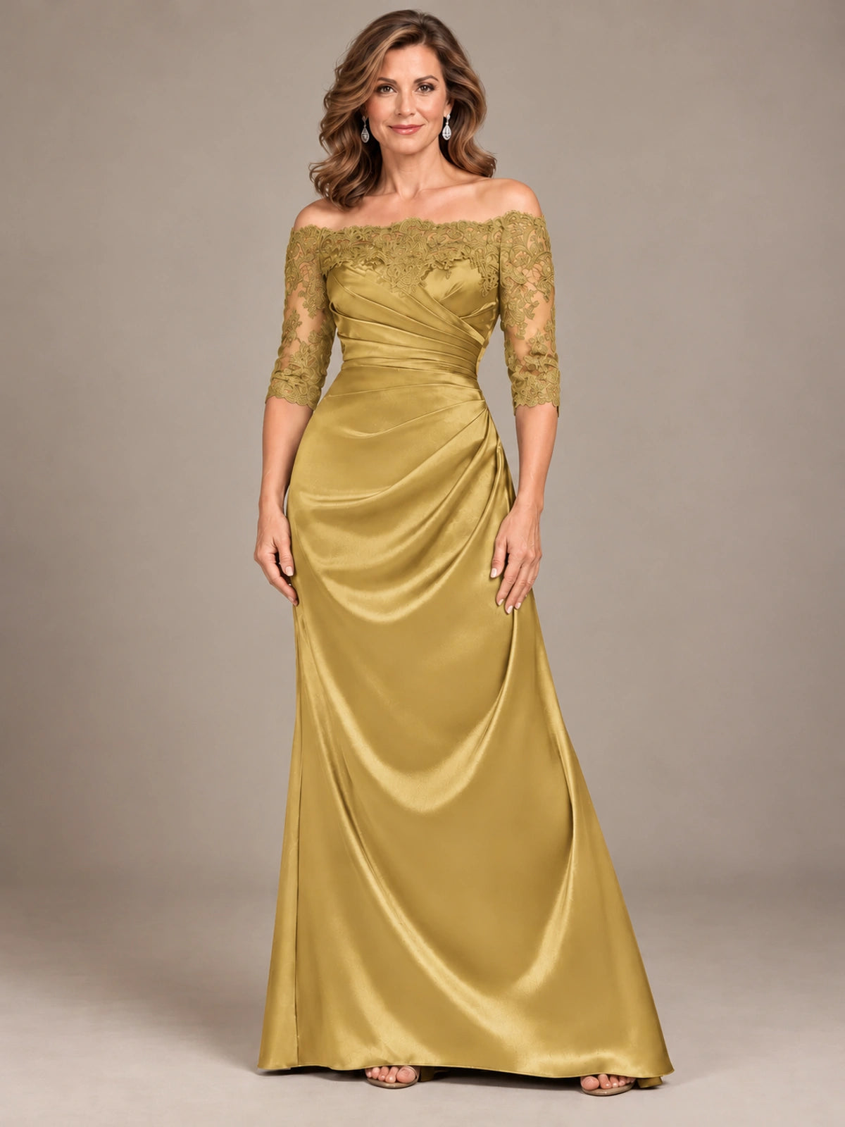 Satin Mother of the Bride Dress with Lace Sleeves Off Shoulder Formal Gown