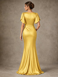 V-Neck Satin Mother of the Bride Dress with Flutter Sleeves
