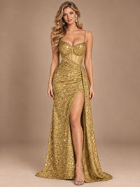Burgundy Sequin Corset Prom Dress with High Slit