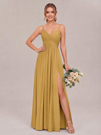 Gold Spaghetti Straps Pleated Chiffon Bridesmaid Dress with Slit V-Neck A-line Long Formal Evening Wedding Guest Gown