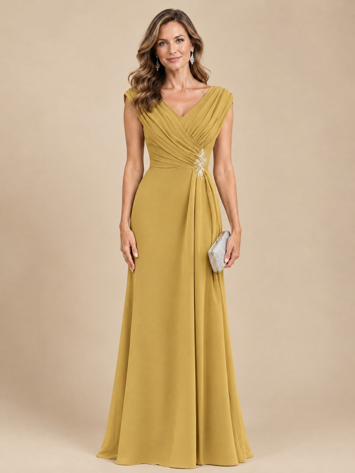 V Neck Pleated Mother of The Bride Dresses with Beading Cap Sleeves