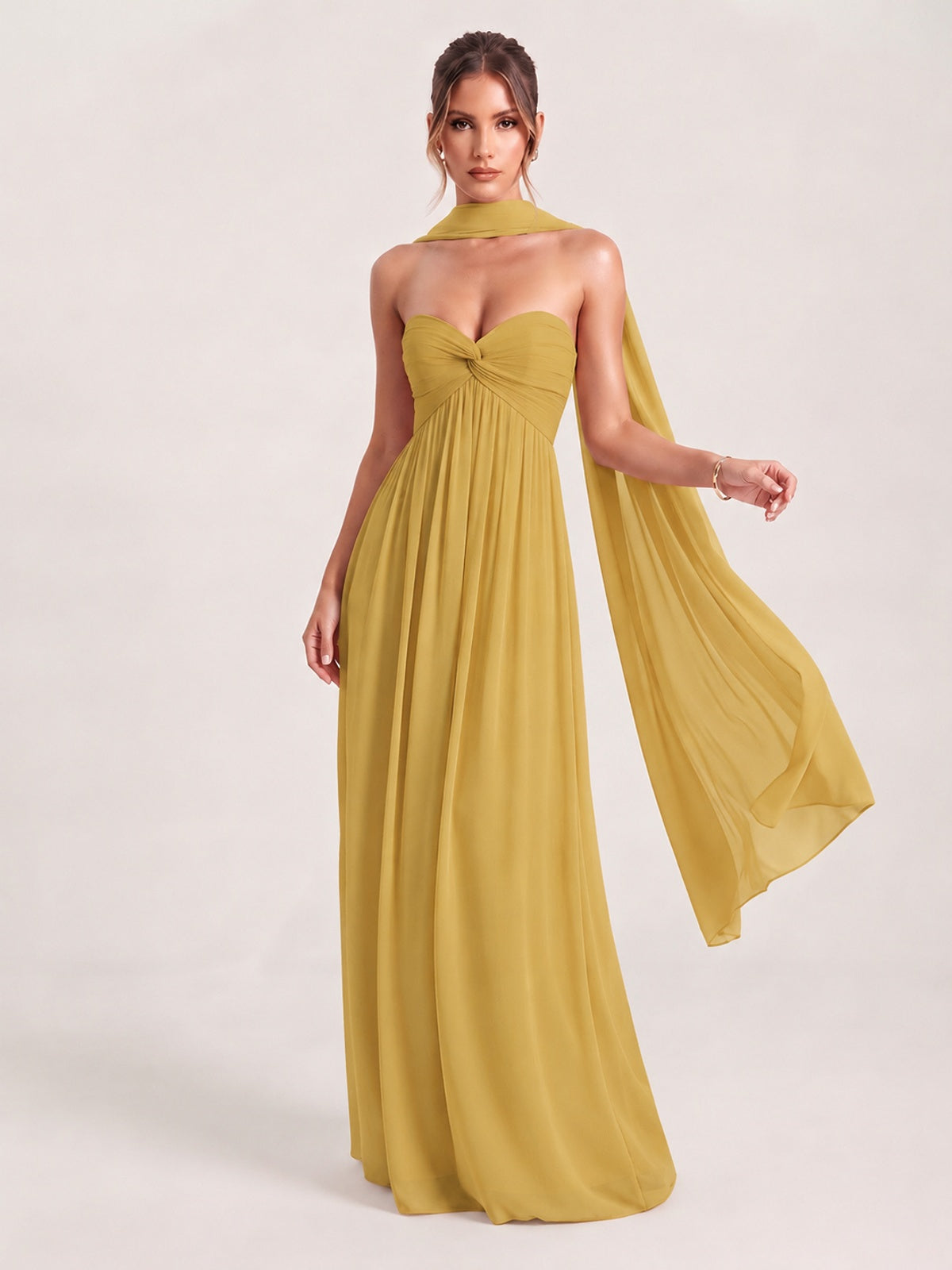 Gold Strapless Ruched Chiffon Long Prom Dress with Scarf A-line Sweetheart Ruffled Formal Wedding Guest Dress Evening Gown