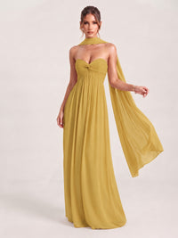Gold Strapless Ruched Chiffon Long Prom Dress with Scarf A-line Sweetheart Ruffled Formal Wedding Guest Dress Evening Gown