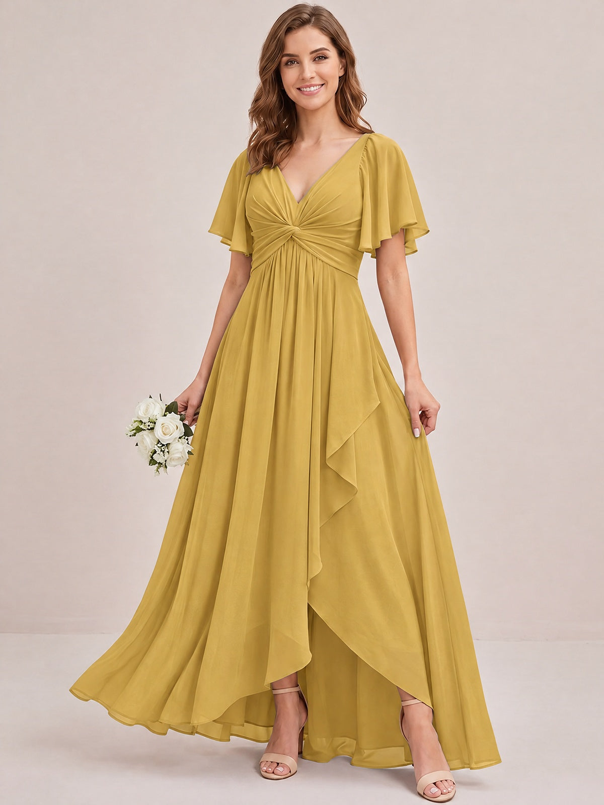 Dusty Blue Chiffon Bridesmaid Dress with Flutter Sleeves & High-Low Hem