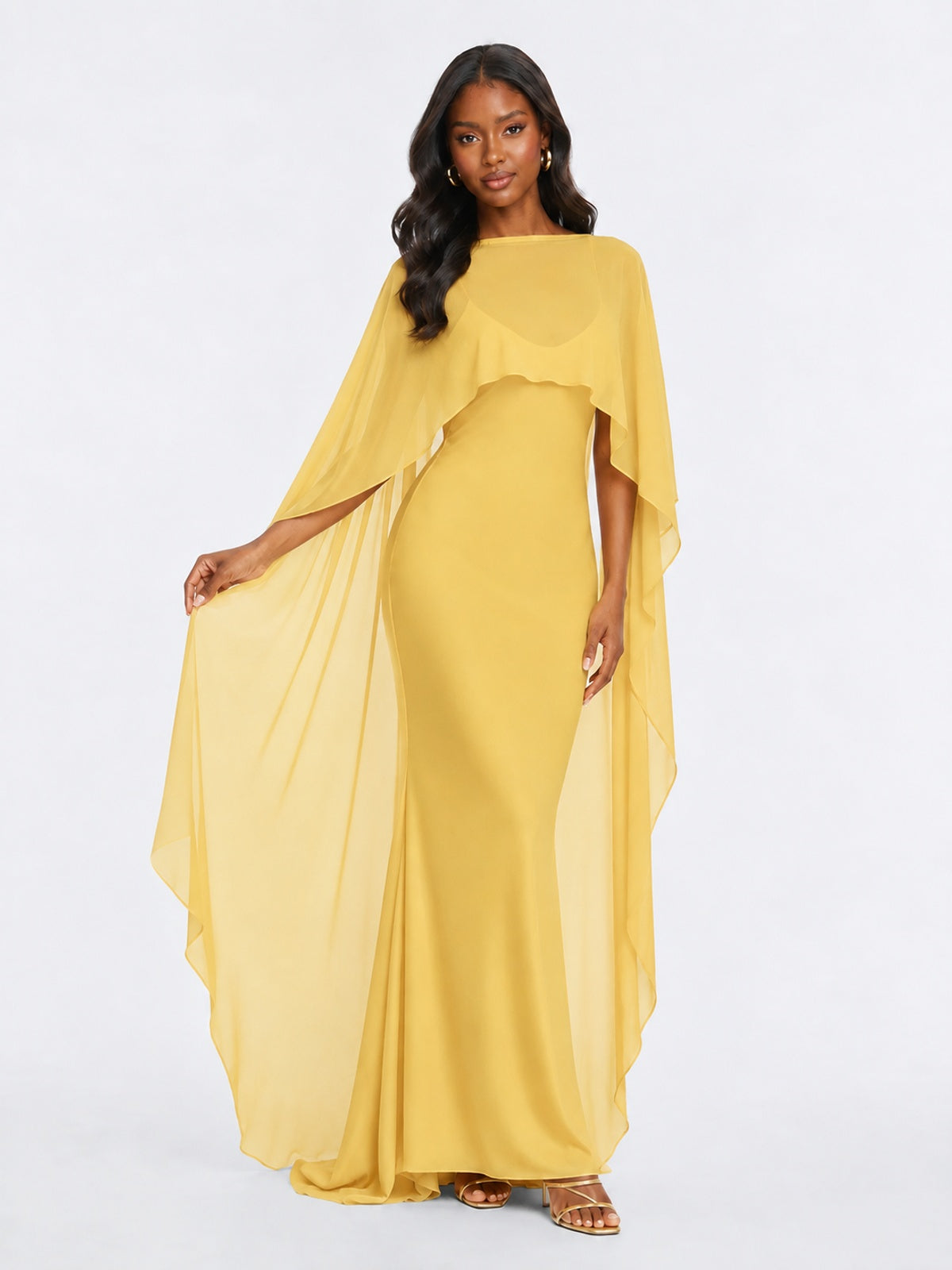Satin Cape Prom Dresses Meramid Maxi Dress