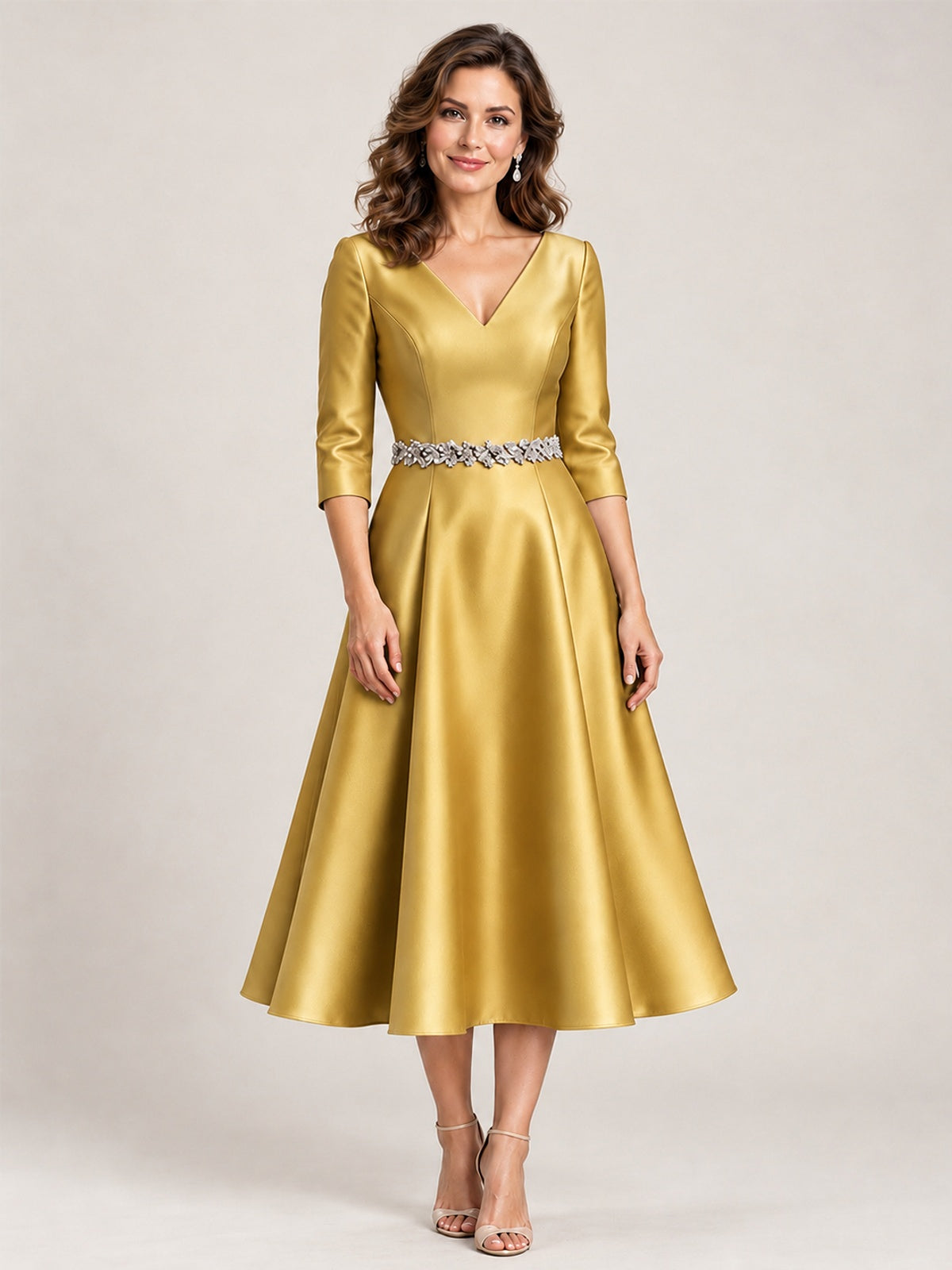 Gold V-Neck Tea-Length Mother of the Bride Dress with Embellished Waist