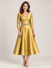 Gold V-Neck Tea-Length Mother of the Bride Dress with Embellished Waist