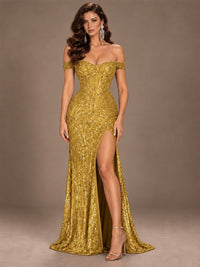 Off the Shoulder Corset Sequin Mermaid Prom Dress with Slit
