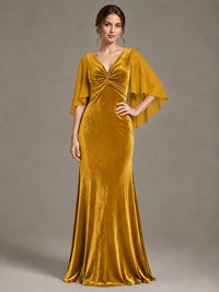 Navy Blue Velvet V Neck Mermaid Formal Dress with Flutter Cape Sleeves