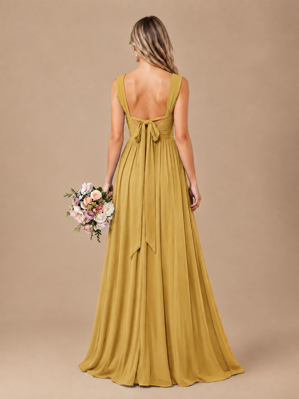 Pleated Chiffon V Neck Wedding Bridesmaid Dresses Floor Length with Slit