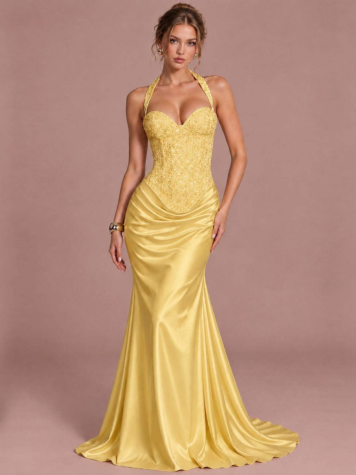 Gold Sparkling Halter Corset Satin Mermaid Prom Dress Long Ruched Sequin Formal Gown Evening Party Dress