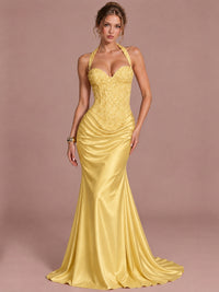 Gold Sparkling Halter Corset Satin Mermaid Prom Dress Long Ruched Sequin Formal Gown Evening Party Dress