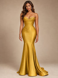 Red Strapless Satin Mermaid Prom Dress with Corset Bodice