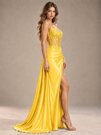 Mermaid Satin Prom Dress with Floral Appliqué Corset and High Slit