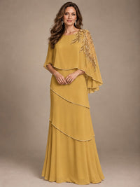 Elegant Chiffon Cape Sleeve Beaded Mother of the Bride Dress