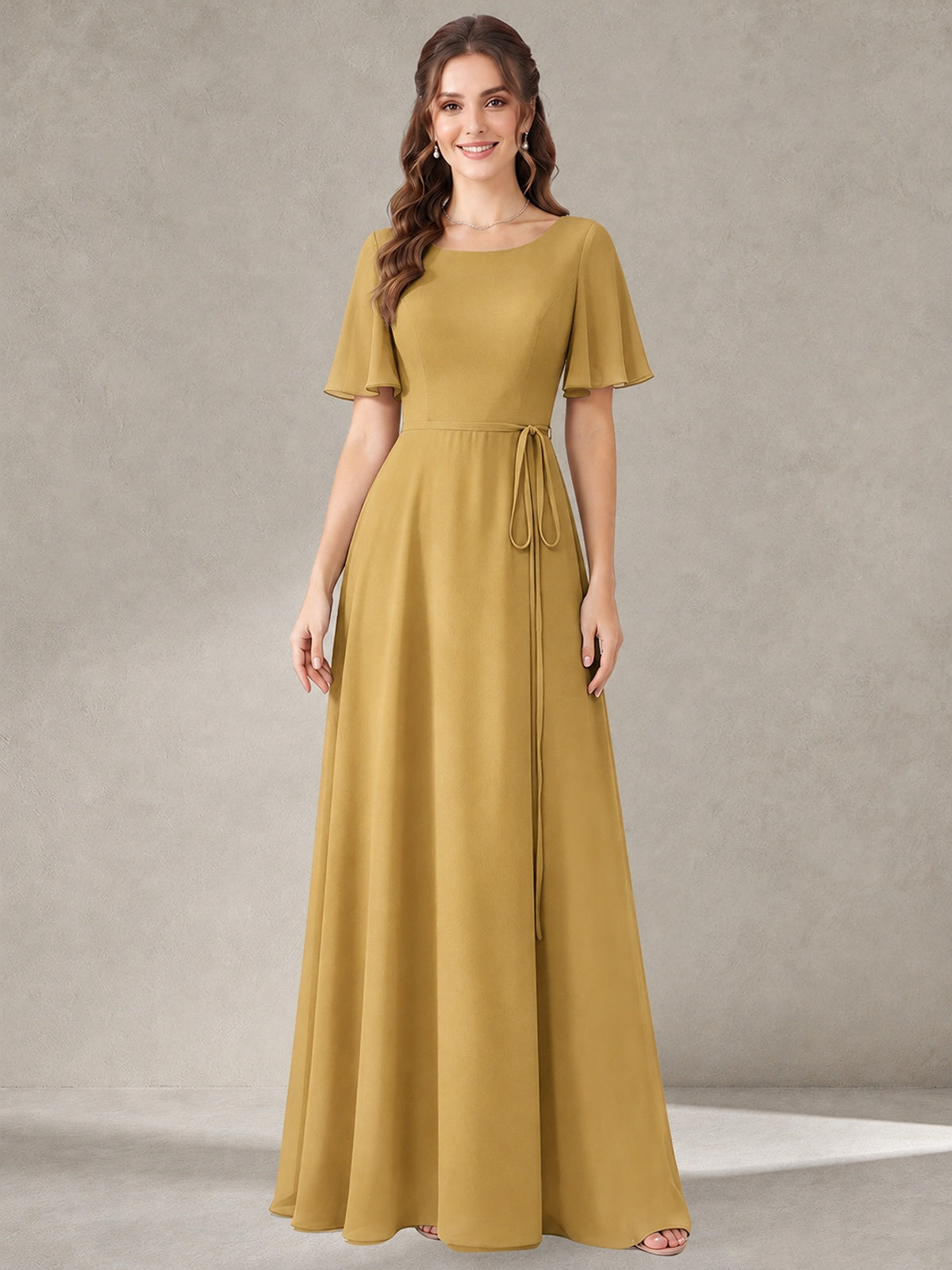 Gold Scoop Neck A-line Chiffon Bridesmaid Dress with Belt Flutter Sleeve Formal Wedding Guest Dress Evening Gown